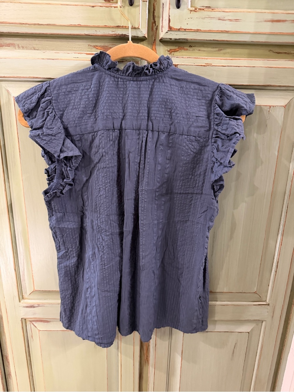 THML Navy Blue Embroidered Ruffle Sleeve Button-Down Top - Picture 5 of 6